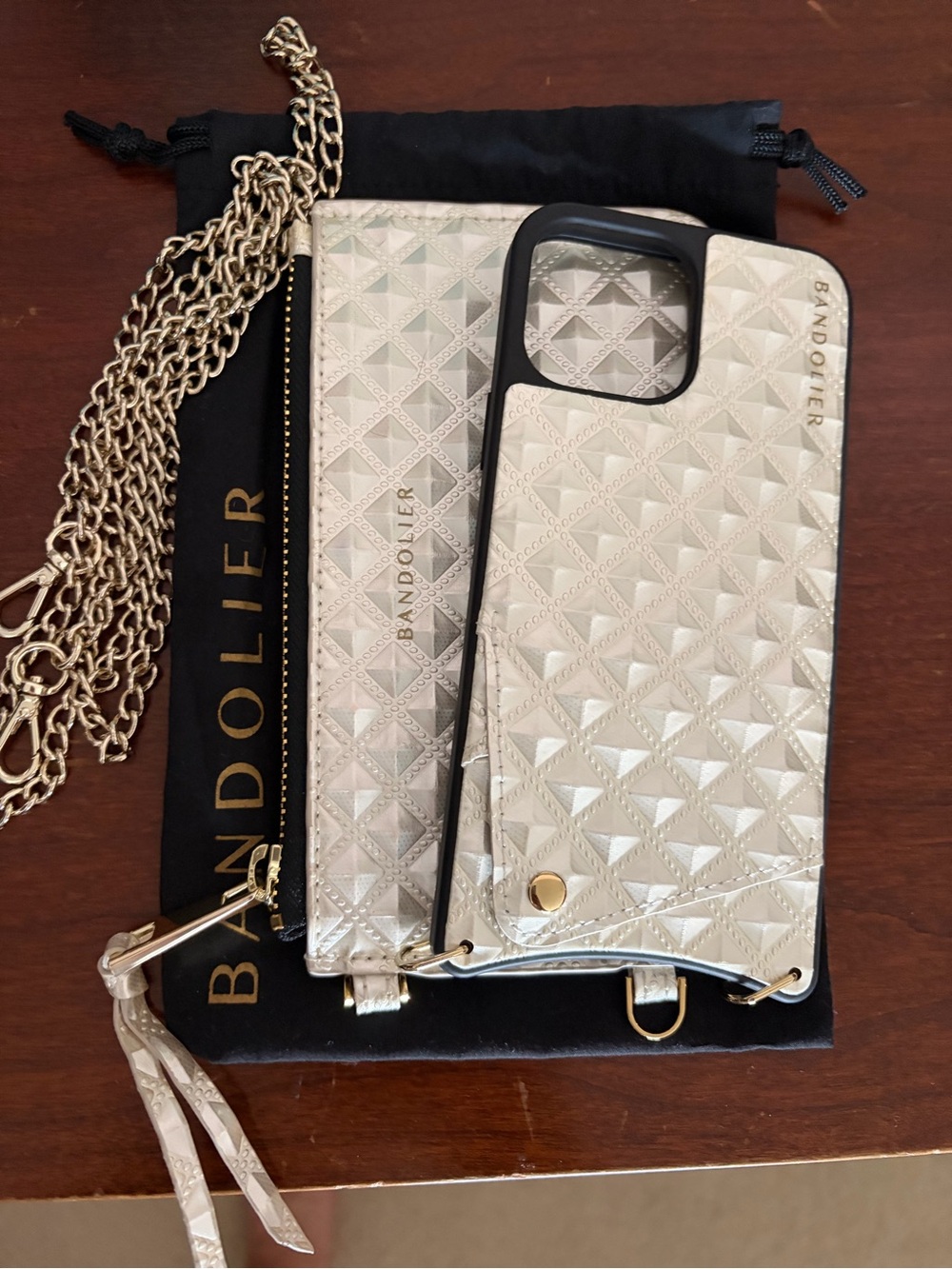 Bandolier Metallic Cream Phone Case Wallet with Gold Chain Strap 13 Pro Max